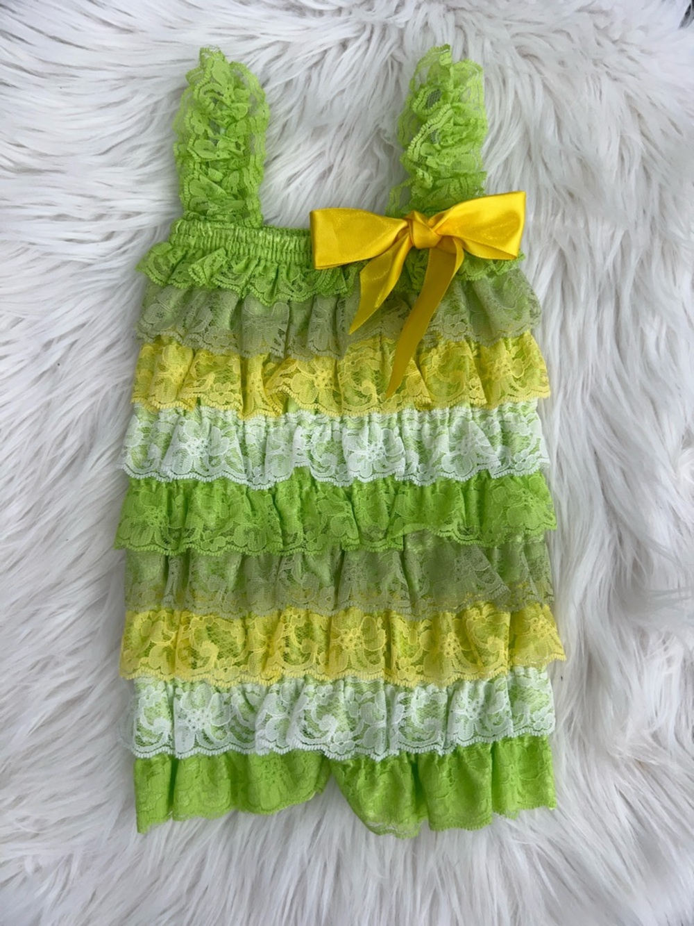 Lime & Yellow Ruffle Lace Girls Romper with Bow